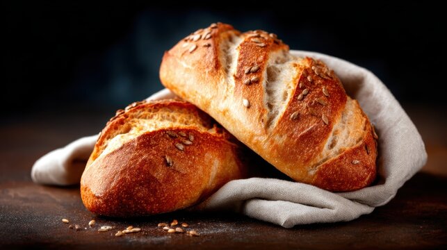 Two artisanal bread rolls with a golden crust and sesame seeds, beautifully arranged on a soft linen napkin, perfect for showcasing the essence of homemade baked goods.