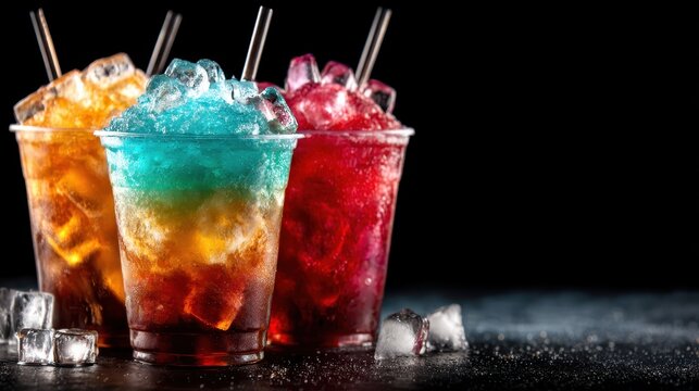 Three vibrant and colorful layered drinks with ice served in fancy glasses, creating a visually striking presentation perfect for summer parties or festive occasions.