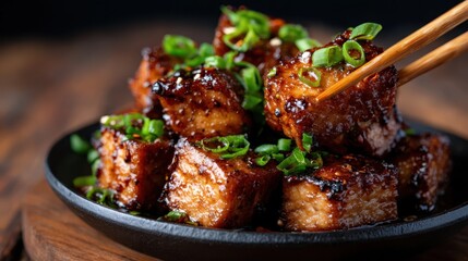 An appetizing plate of grilled, glazed tofu cubes garnished with green onions, presenting a mouth-watering visual that promises rich flavors and healthy dining options.