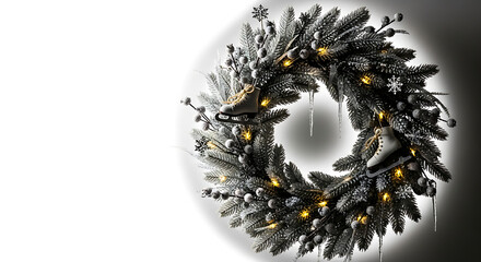 Festive winter wreath adorned with sparkling lights and ice skates, perfect for holiday decoration.