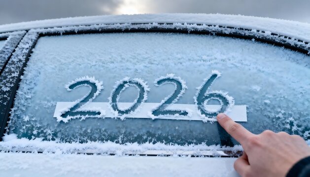 Hand pointing to frosted car window where the number 2026 appears, symbolizing human connection, winter’s cold challenges, and marking the year as a milestone carved into ice.