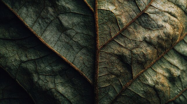   A macroscopic image of a leaf's textured foliage, exhibiting distorted browning