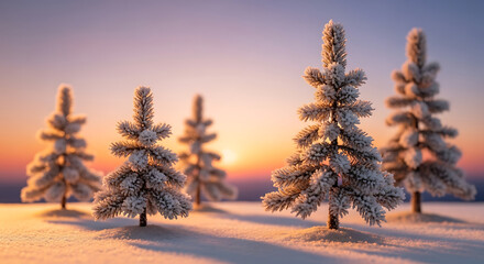 Snow-covered evergreen trees bathed in the warm glow of a winter sunset.