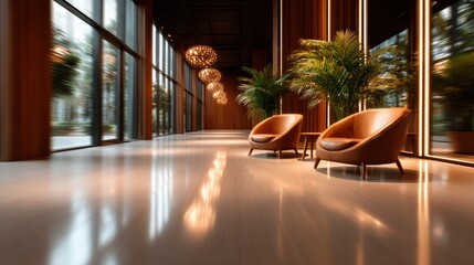 This contemporary lobby showcases sleek furniture and expansive windows bathed in natural light, promoting a warm and inviting atmosphere ideal for social gatherings or relaxation.