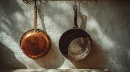 A vintage copper pan and an antique steel pot hang elegantly on the wall of a sunlit old house, casting captivating shadows that enhance the nostalgic atmosphere.