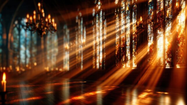 A captivating gothic interior illuminated by colorful stained glass windows, creating a mystical atmosphere with shafts of light enhancing the beauty of ancient architecture.