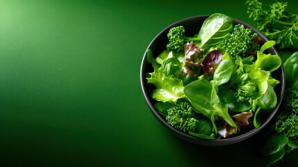 A vibrant bowl filled with a variety of fresh, green salad leaves, showcasing healthy and nutritious ingredients that epitomize wellness and vitality in a meal.