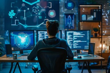 Person facing computer screens while working on complex technology
