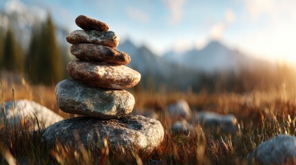 A carefully balanced stone cairn sitting in a sunlit field, representing nature's beauty, resilience, and harmony, inviting reflection and a sense of peace in a tranquil environment.