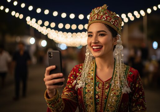Woman in traditional attire taking a selfie with a smartphone at night.