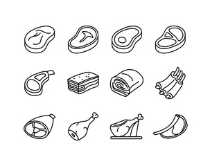 Meat Cuts Deli Products Vector Icon Set