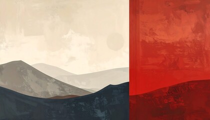 Serene Mountain Vista with Bold Red Geometric Panel.