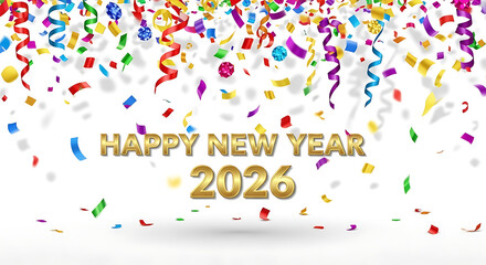 Festive confetti explosion celebrates the arrival of a bright and joyous New Year 2026.