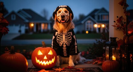 A playful dog in a skeleton costume sits beside a carved pumpkin on Halloween night.