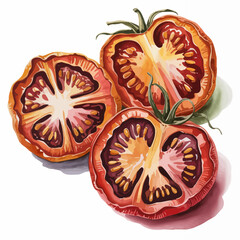 Watercolor Illustration of Heirloom Tomato Halves Fresh Culinary Food Art Isolated on White Background Delicious Cooking Ingredient