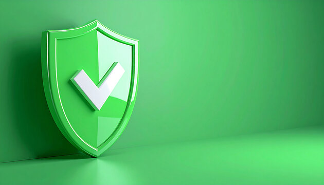 Glossy shield with white tick symbol on green background. Cybersecurity, protection and insurance - Powered by Adobe