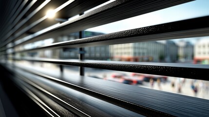 Obraz premium Close-up of horizontal black window blinds with blurred city view