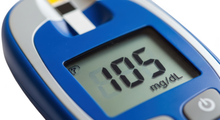 Close-up of a digital glucose meter displaying a reading of 105 mg/dl for diabetes management