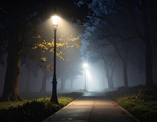 Atmospheric Nighttime Park Scene with Fog, Lamp Posts and Tree Lined Pathway