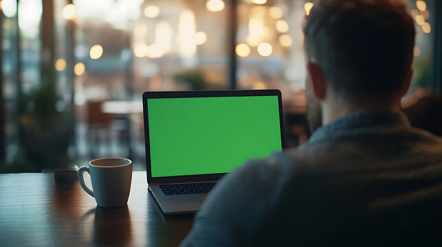 Working in a cafe: Man using a laptop with green screen while enjoying a cup of coffee in a bright, modern cafe setting. Blurred background.