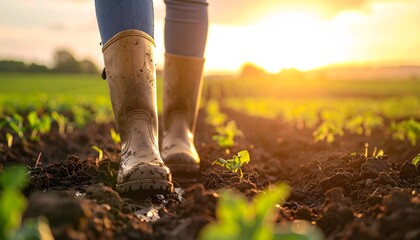 A farmer’s boots standing on muddy soil in a field.