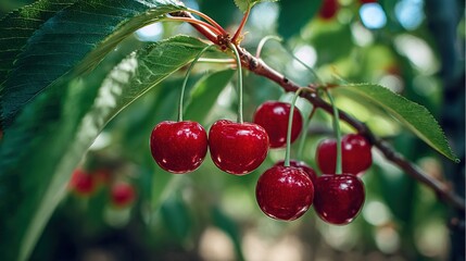 Obraz premium A cluster of cherries dangling from a leafy tree against a vibrant blue sky