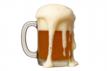 Beer mug overflowing with white foam, light brown lager spilling, refreshing alcoholic drink on transparent background