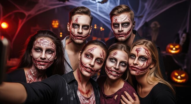 Group of friends enjoying a spooky Halloween party with painted faces and decorations.