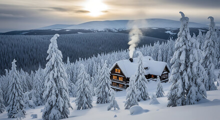 Cozy mountain cabin glows warmly amidst a serene, snow-covered winter forest at sunset.