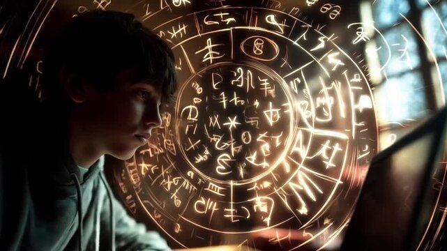 Young man coding with magical symbols overlay, digital necromancer concept design animation