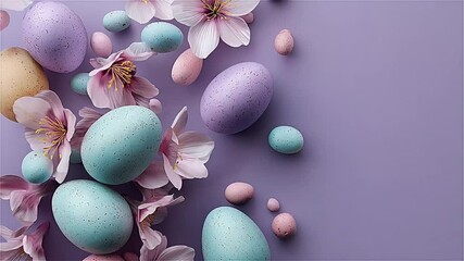 Pastel easter eggs and spring flowers on purple background - Powered by Adobe