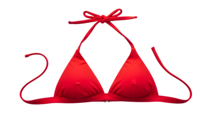 Vibrant red bikini top with halter neck ties, isolated on white background.
