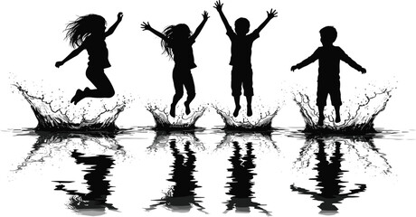 Happy children silhouettes jumping in water with splashes, summer fun, outdoor play, joyful kids, reflection vector illustration design art