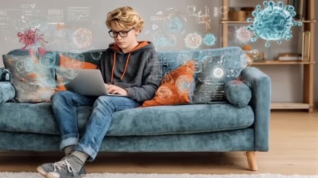 Boy using laptop on sofa with virus hologram overlay, illustrating the impact of technology during - Powered by Adobe