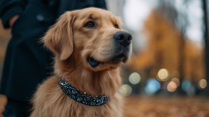 Golden retriever with holographic collar data sitting by owner in futuristic autumn park