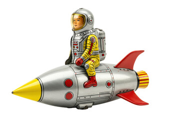 Isolated Toy Astronaut Riding Spaceship, Space Exploration Nostalgia, Vintage Aesthetic