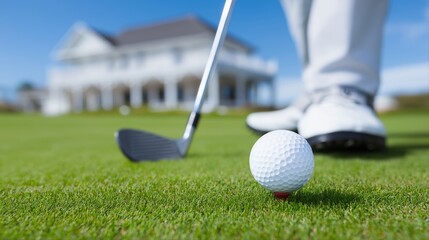 Close-up of golf ball and male feet on green golf course with club and house in background