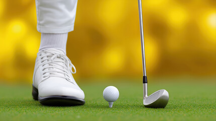 Golf club and ball on green with white shoe preparing for swing