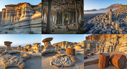 Collage of unique geological formations including hoodoos and hexagonal columns geology