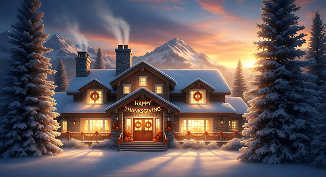 Cozy snow-covered cabin glows with warm light on a festive winter evening, mountains and trees surrounding.
