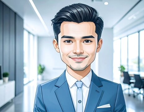 Cartoon portrait of a smiling businessman in a modern office
