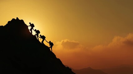 team of hikers helping each other climbing mountain at sunset silhouette teamwork and support concept
