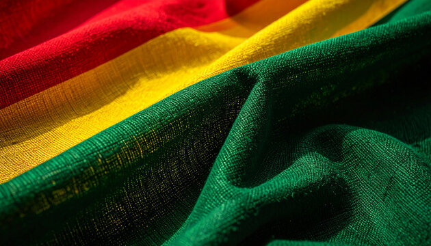 Fabric, rich green, yellow and red colors, dramatic light and shadow on textured cloth surface.