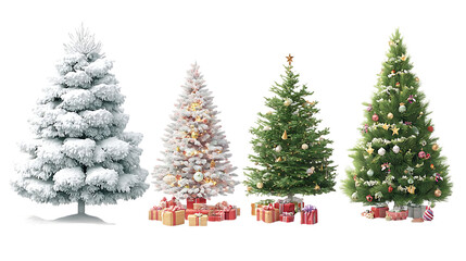 Fototapeta premium Four christmas trees with gifts isolated on transparent background for the holidays
