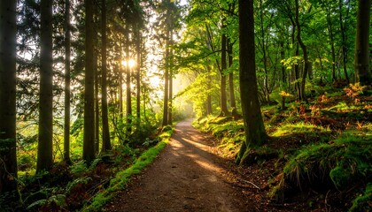 Fototapeta premium Sunlit Forest Path, Peaceful Nature Scene.