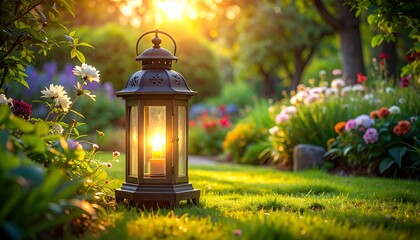 A charming lantern casts a warm glow in a vibrant garden setting at sunset.