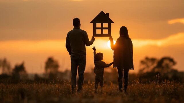 Silhouette of family holding house symbol at sunset concept of home ownership security and future parents with child dreaming of new home together real estate happiness unity