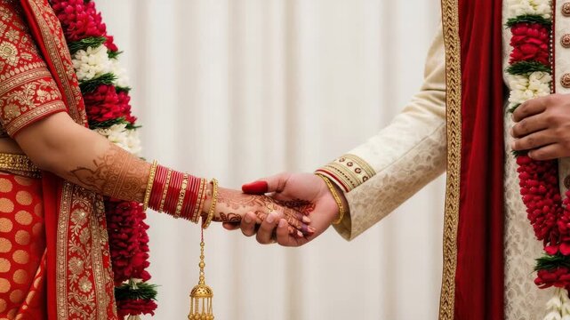 An indian couple holding hands during their wedding ceremony, showcasing the intricate details of their traditional attire and jewelry in a warm and loving setting ai generated vedio