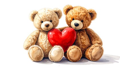 Obraz premium Two teddy bears, seated close together, hold a large, vibrant red heart, radiating affection and a heartwarming scene.