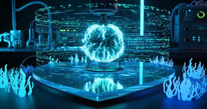 Pulsating blue orb hovering over a sleek platform amid digital flames and tangled wires inside a futuristic laboratory, captured from a dynamic angle